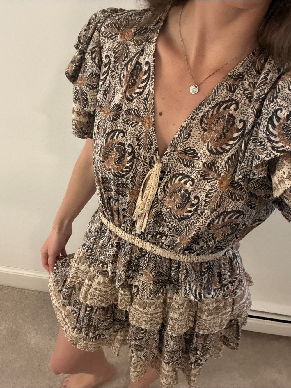 Ulla Johnson Beige and Brown Printed Tiered Mini Dress